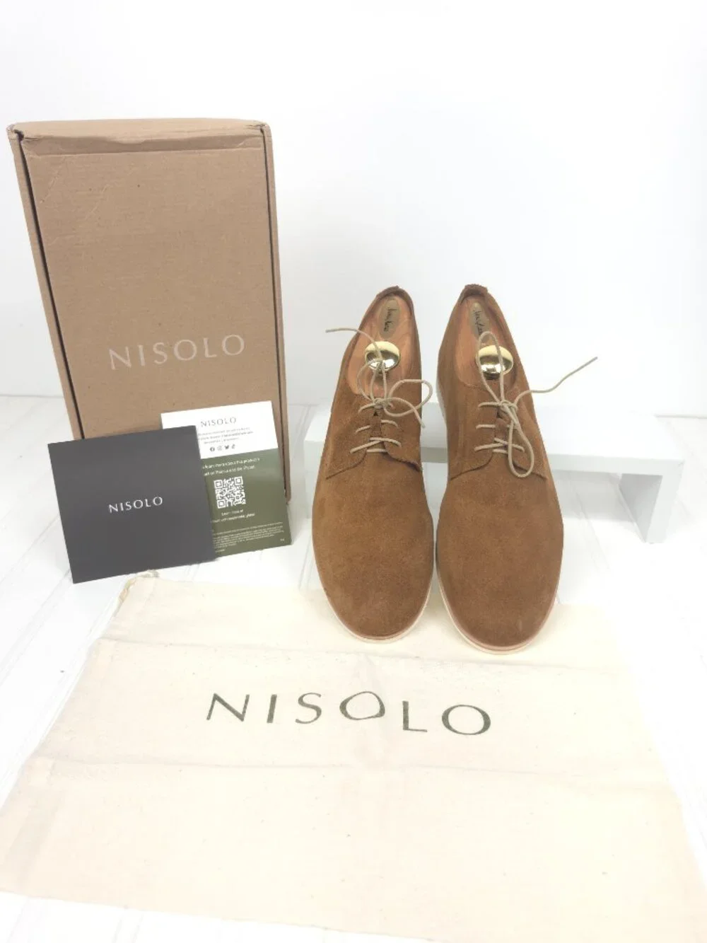NIB Men's NISOLO Lightweight Flex Derby Suede Leather Oxford Tan Size 10